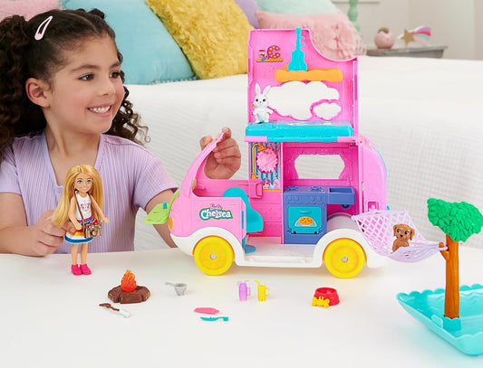 Barbie Chelsea 2 in 1 Camper Playset with Small Doll 2 Pets and 15 Accessories