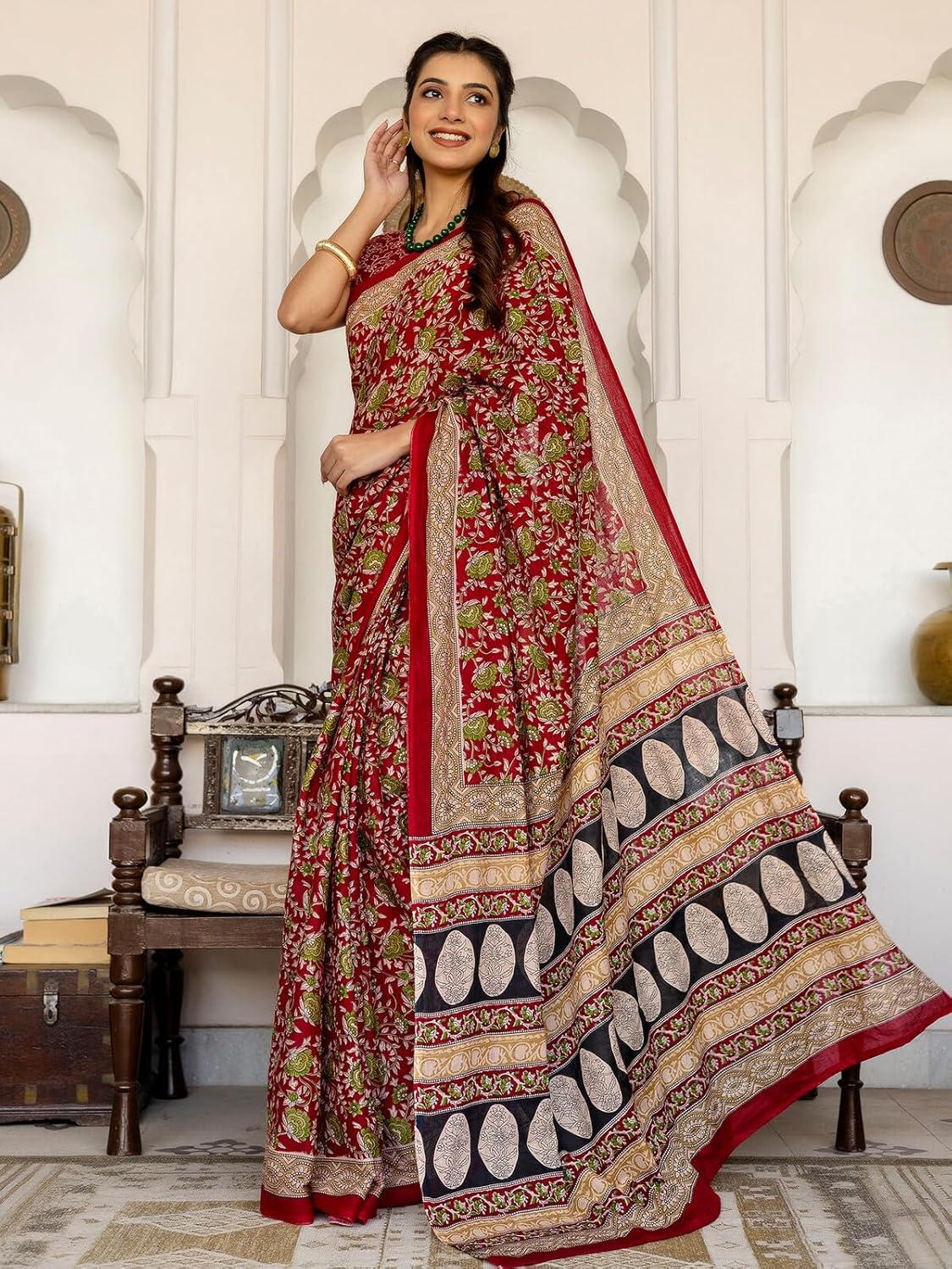 Vasthrlay Ethnic Red Saree with decorative printed design
