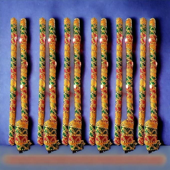 Saudeep India Brocade Lace Decorated Wooden LED Dandiya Sticks - PUSHMYCART