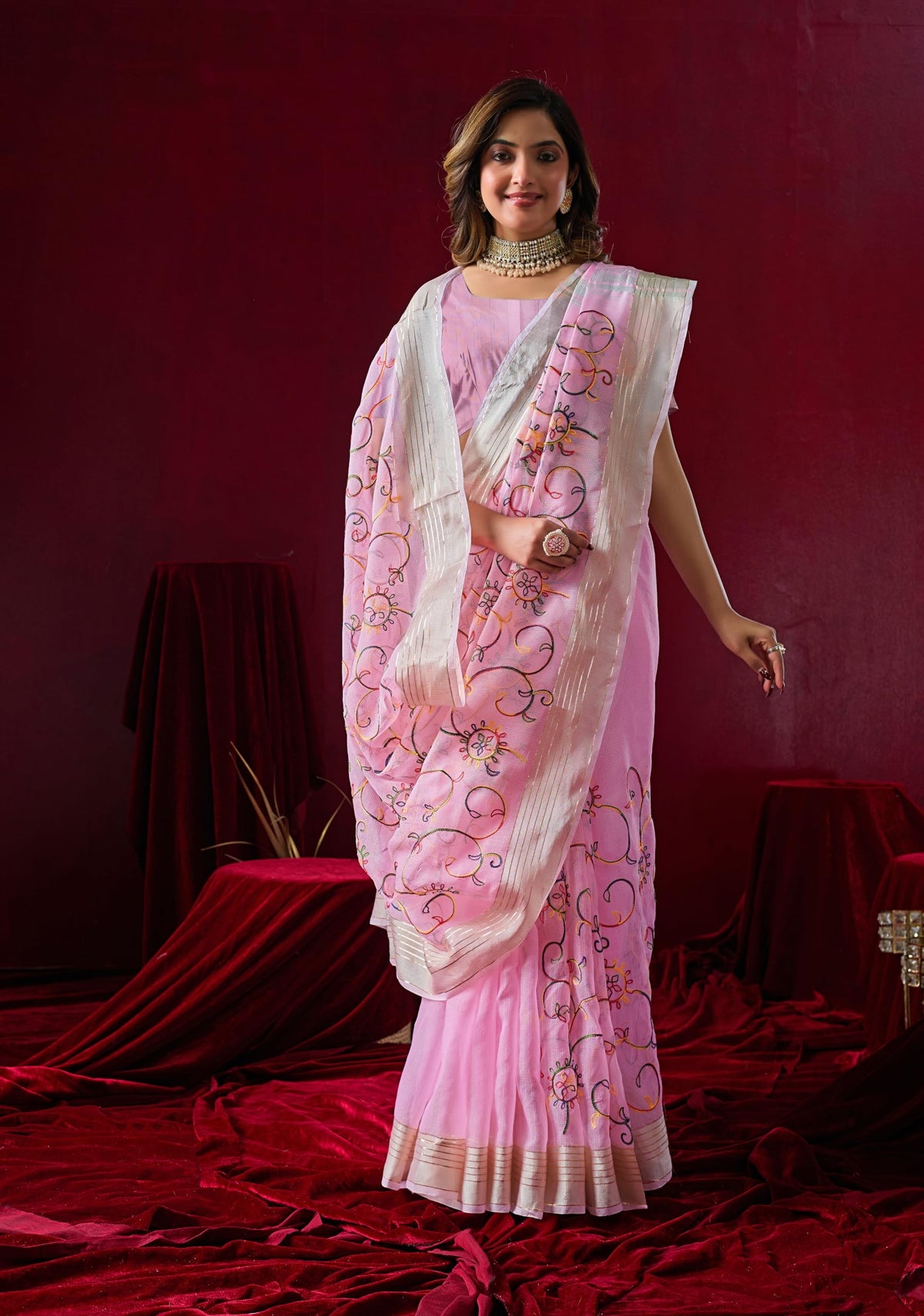 Vasthrlay Ethnic Pink Saree with decorative embroidery design