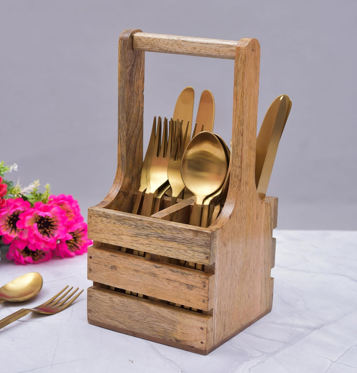 Sanjeev Kapoor Mango Wood Cutlery Organizer Stand with Handle 4 Compartment