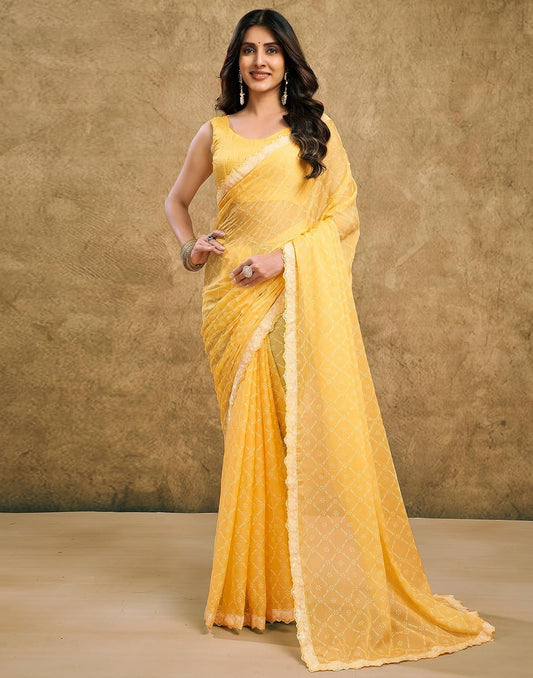 Vasthrlay Yellow saree with Bandhani styling and Chiffon look