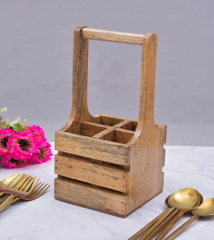 Sanjeev Kapoor Mango Wood Cutlery Organizer Stand with Handle 4 Compartment