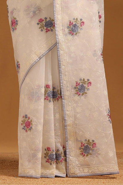 Vasthrlay Embroidered Saree in White with refined ethnic appeal