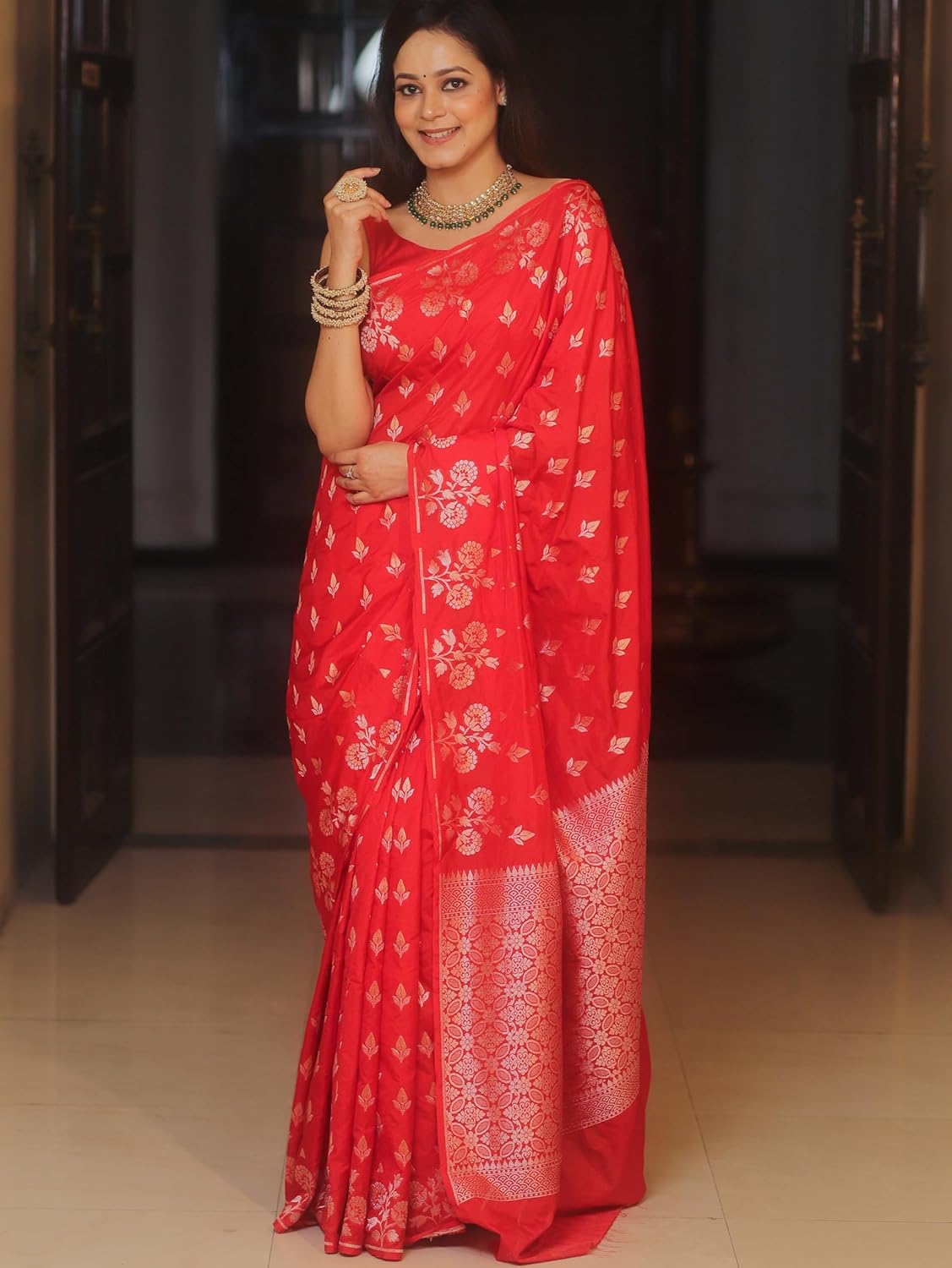 VasthrlayRed Saree with elegant ethnic wedding styling