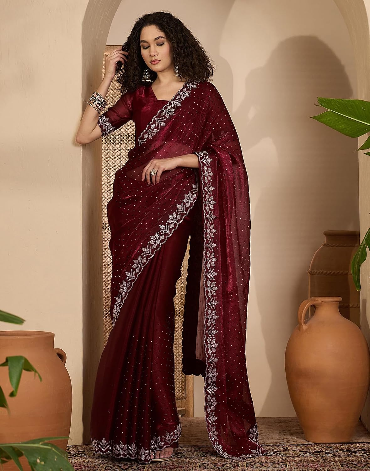 Vasthrlay Maroon saree with Shimmer styling and ethnic look