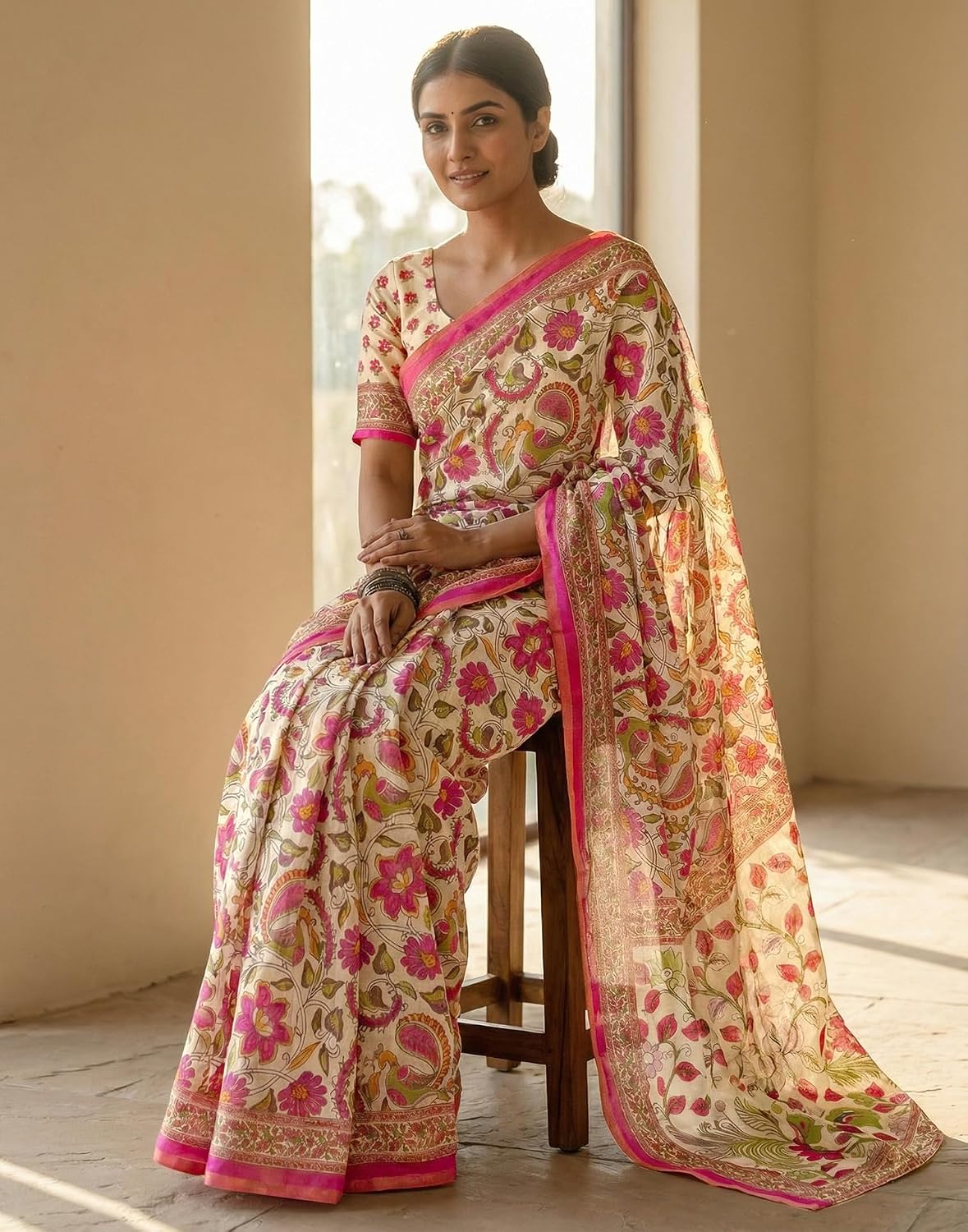 Vasthrlay Printed saree design in Peach traditional style