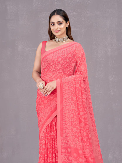 Vasthrlay Chiffon Orange Saree with decorative floral design