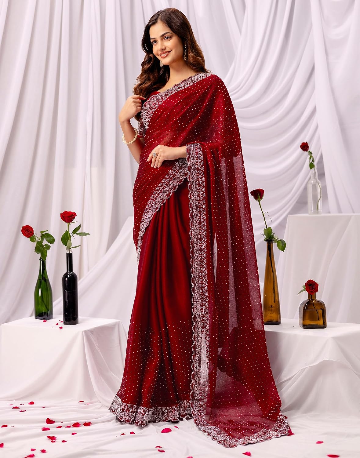 Vasthrlay Maroon saree with Scalloped styling and Chiffon look