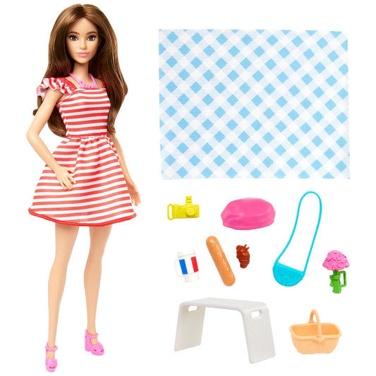 Barbie Pink Passport Paris Adventures Doll Set with Clothes Accessories and Picnic Pieces