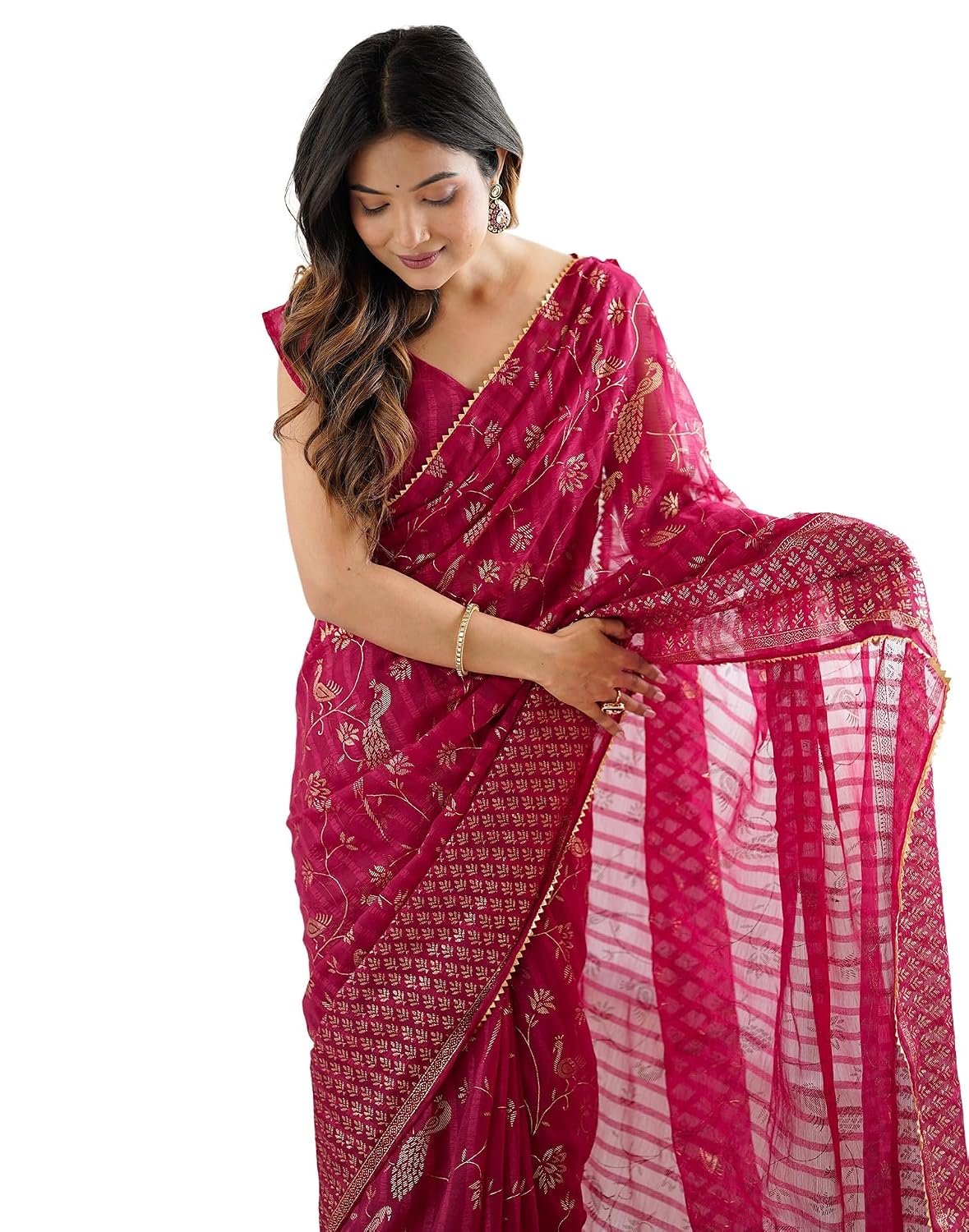 Vasthrlay Georgette Weaving Red Saree With Unstitched Blouse Piece