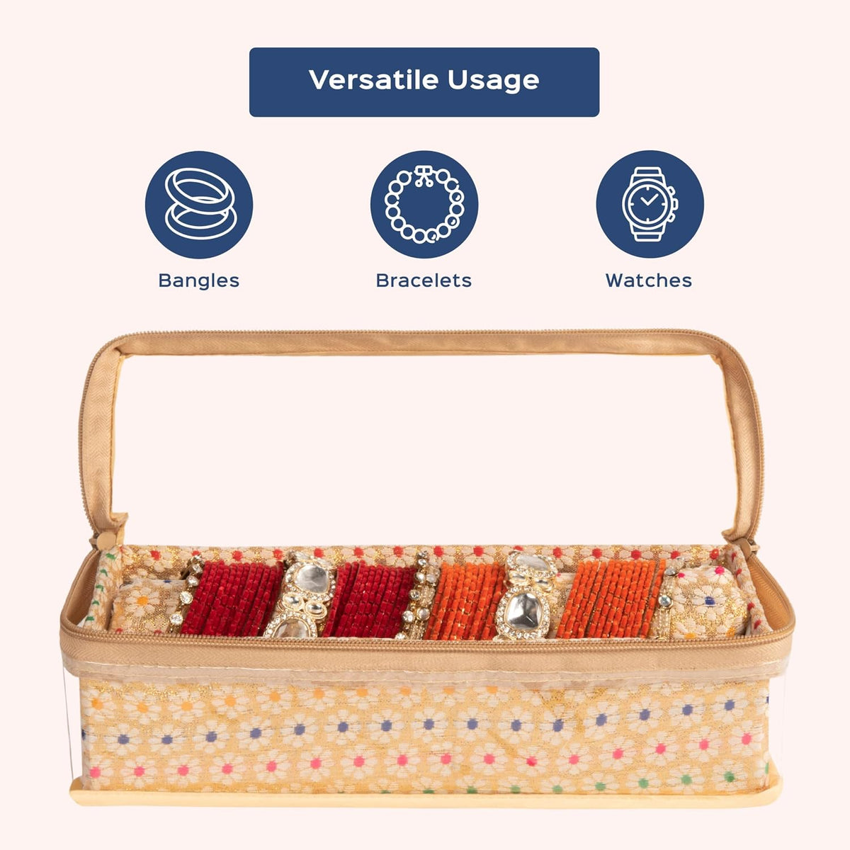 HomeStrap Brocade Single Rod Bangle Box with Transparent Top and Zip