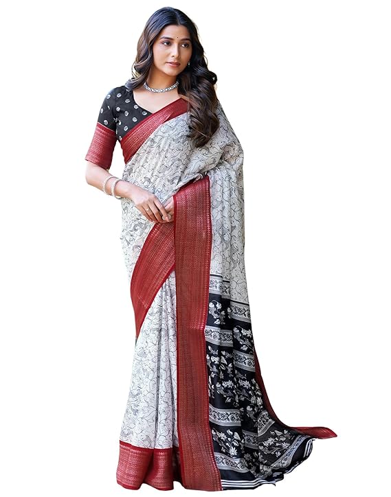 SIRIL Women's Printed Cotton Saree with Unstitched Blouse Piece