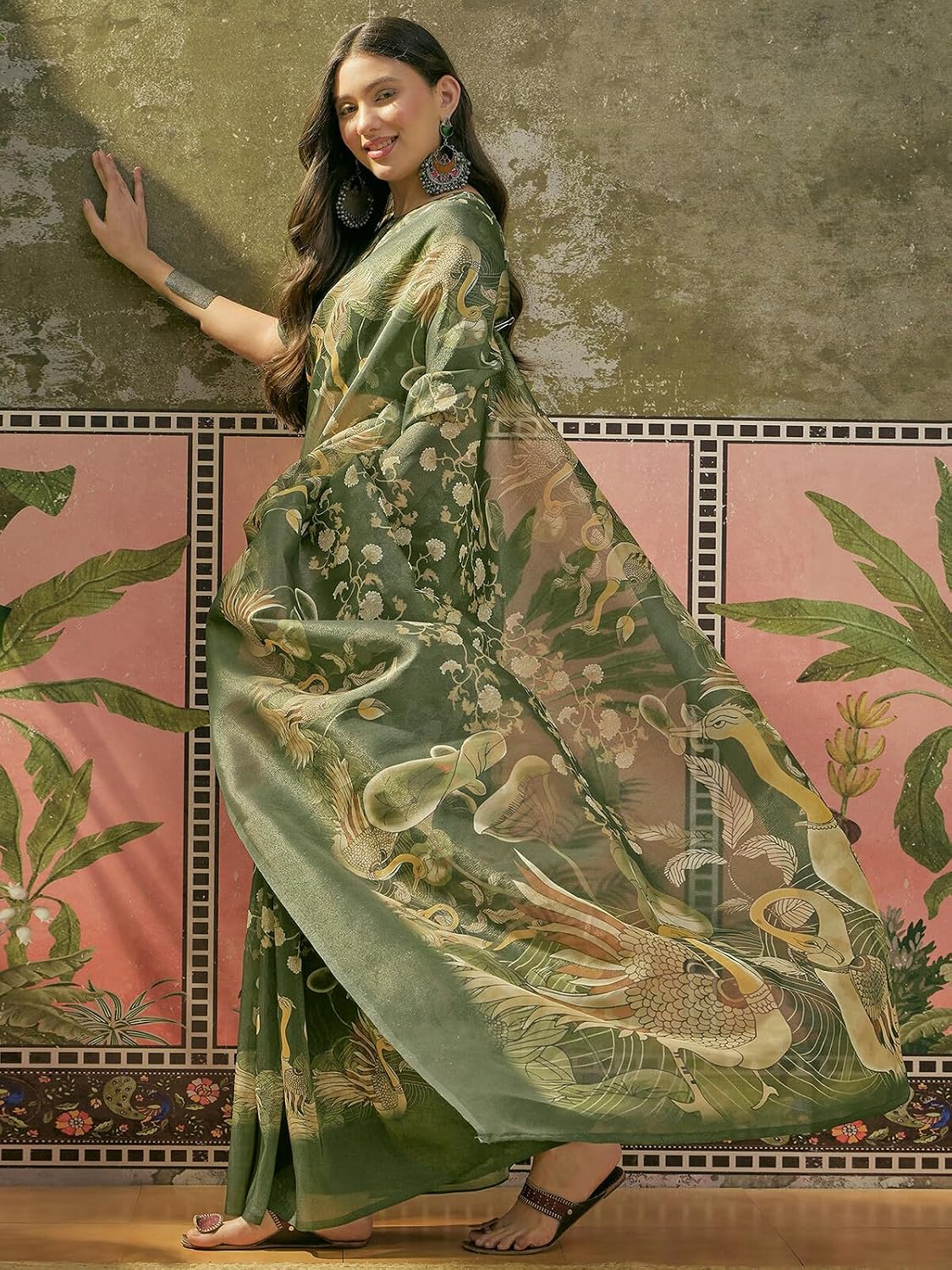 Vasthrlay Lime Green saree with Printed styling and ethnic look