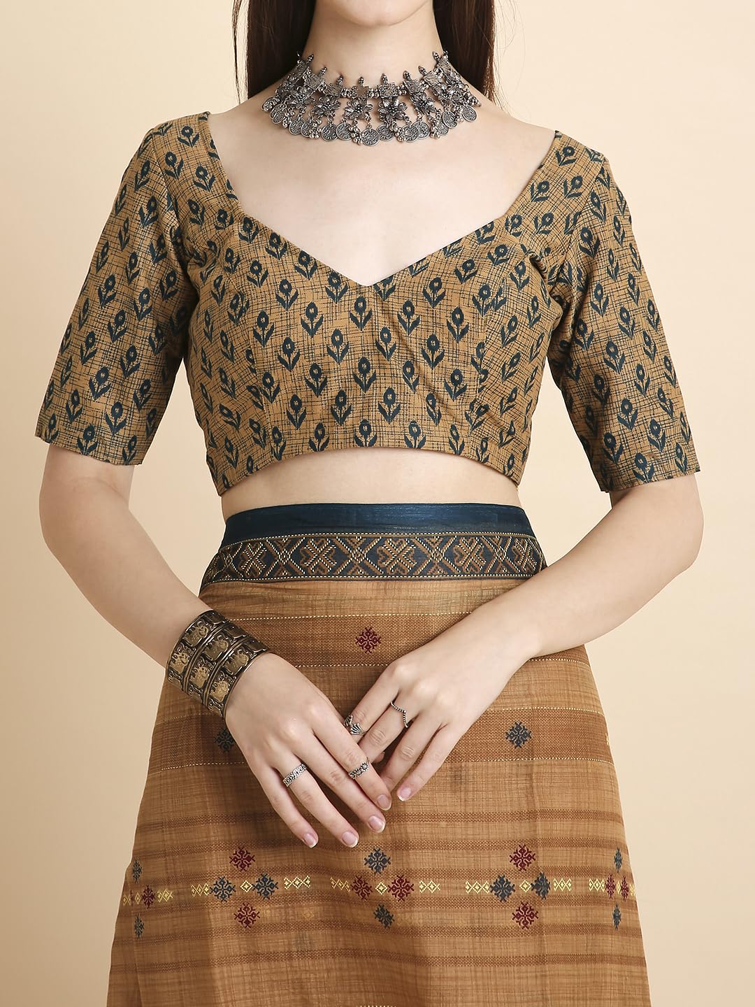 Vasthrlay Printed Saree in Brown with refined cotton ethnic appeal