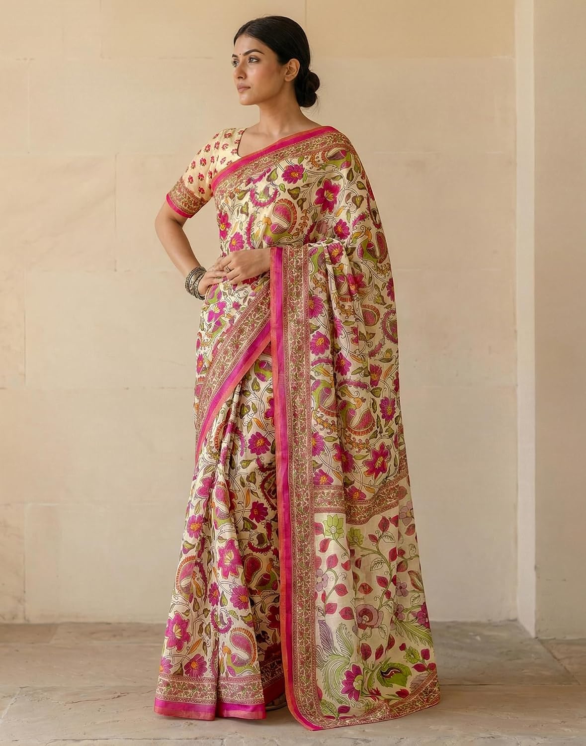 Vasthrlay Peach saree with Printed styling and ethnic look