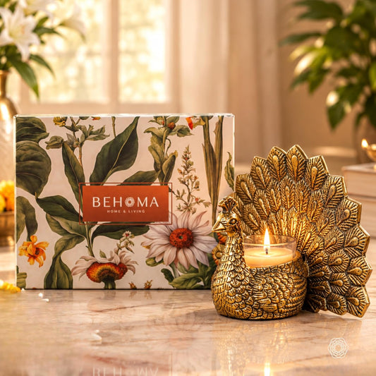 Behoma Metal Peacock Candle and Votive Candles Gift Hamper Gold