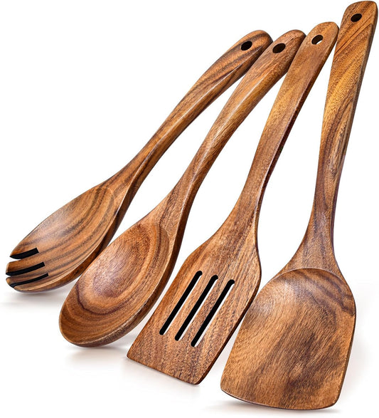 2 Pcs Acacia Wooden Cooking Spoon Set, Large Mixing & Serving Spoons, Heat Resistant