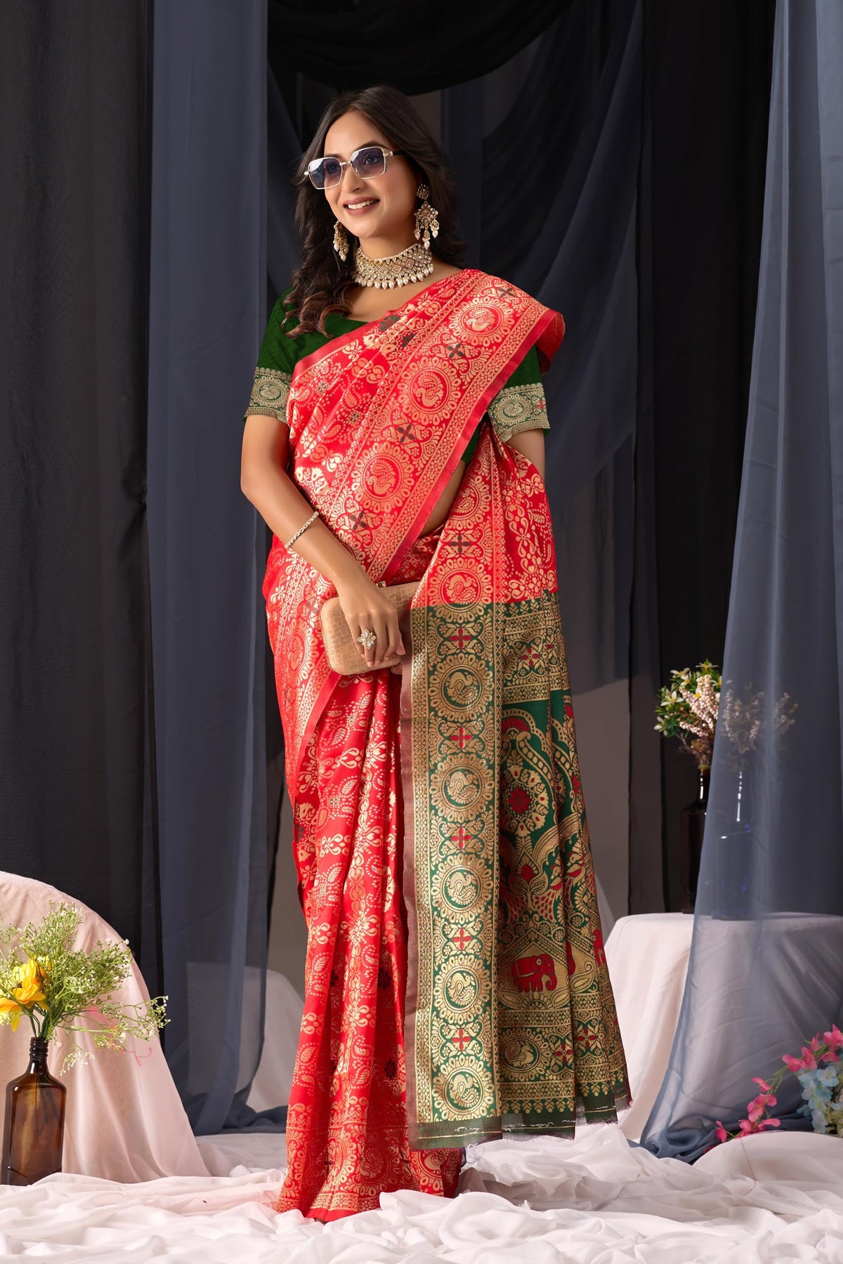 Vasthrlay Red Traditional Saree for wedding and party wear styling
