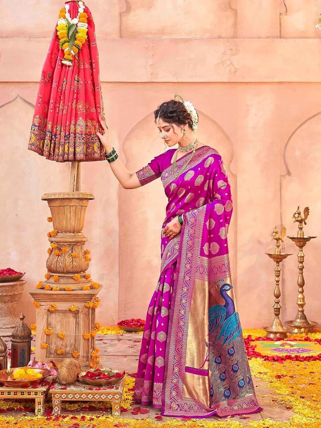 Vasthrlay Maroon Traditional Saree with elegant paithani styling