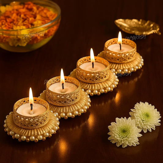 Divyakosh Metal Tealight Candle Holder Set of 4 Gold