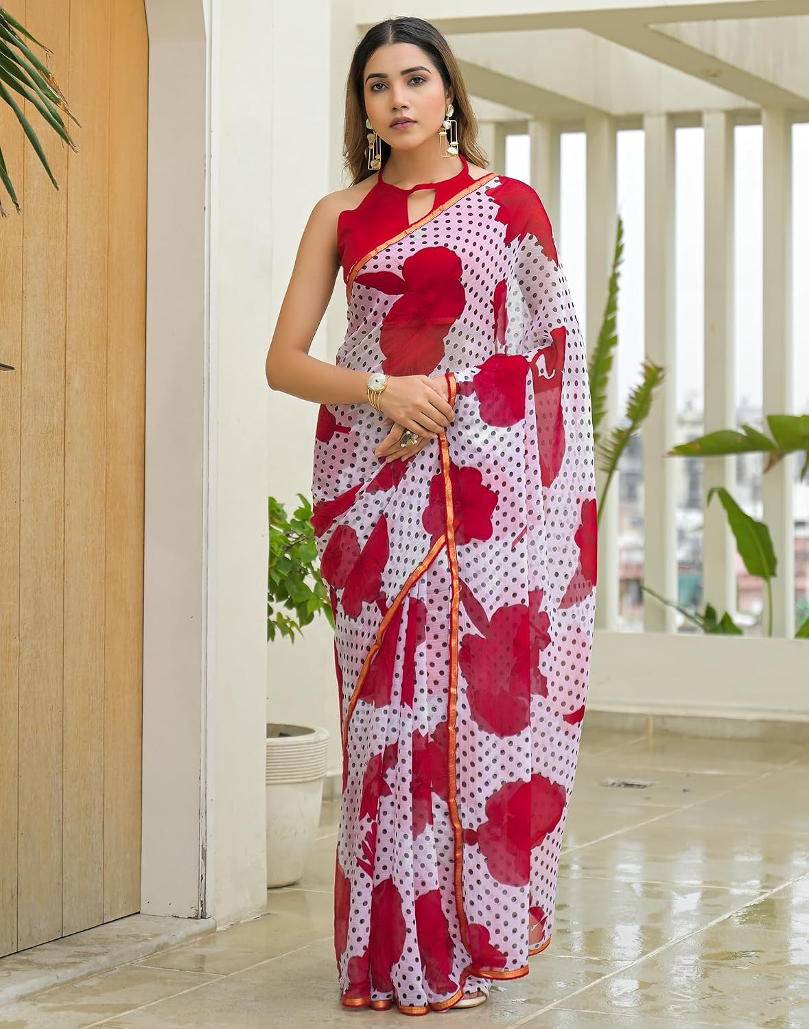 Vasthrlay Maroon saree with Blouse styling and Chiffon look