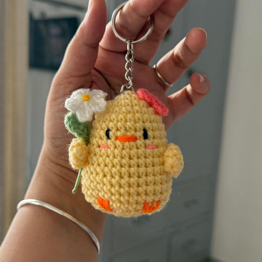 Cute Crochet Chick Keychain, Yellow Baby Bird with Flower, Handmade Amigurumi Bag Charm - image 2