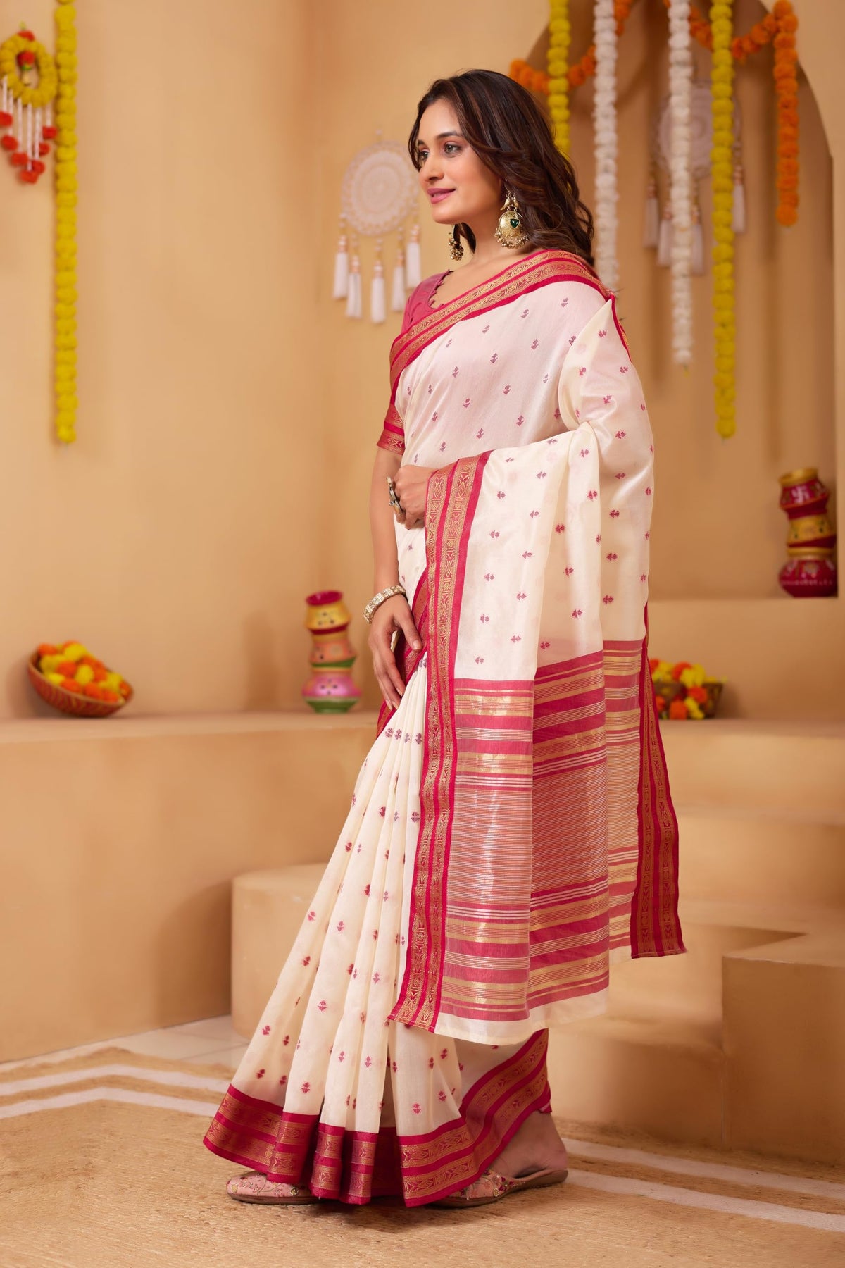 Vasthrlay Jacquard Orange Saree with decorative traditional design