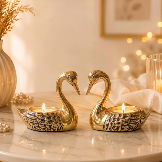 Behoma Metal Pair of Love Swans with 2 Tea Lights Golden
