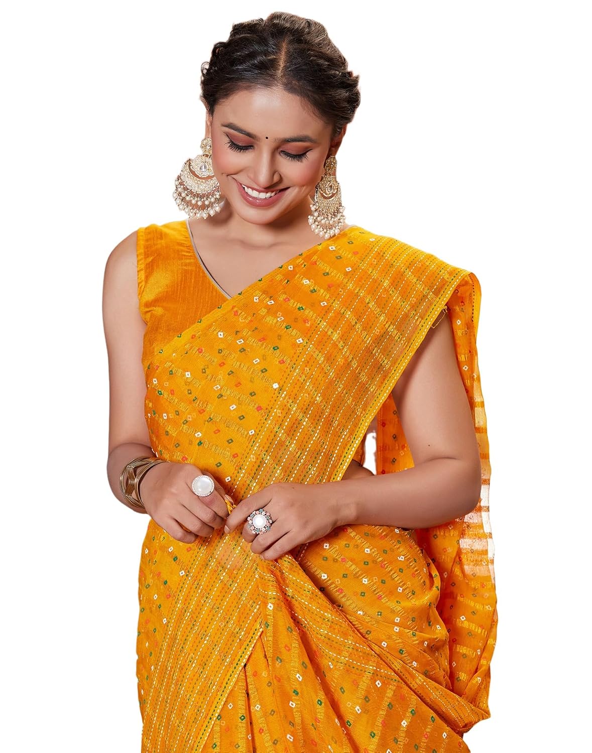 Vasthrlay Bandhani Printed Yellow Saree With Unstitched Blouse Piece