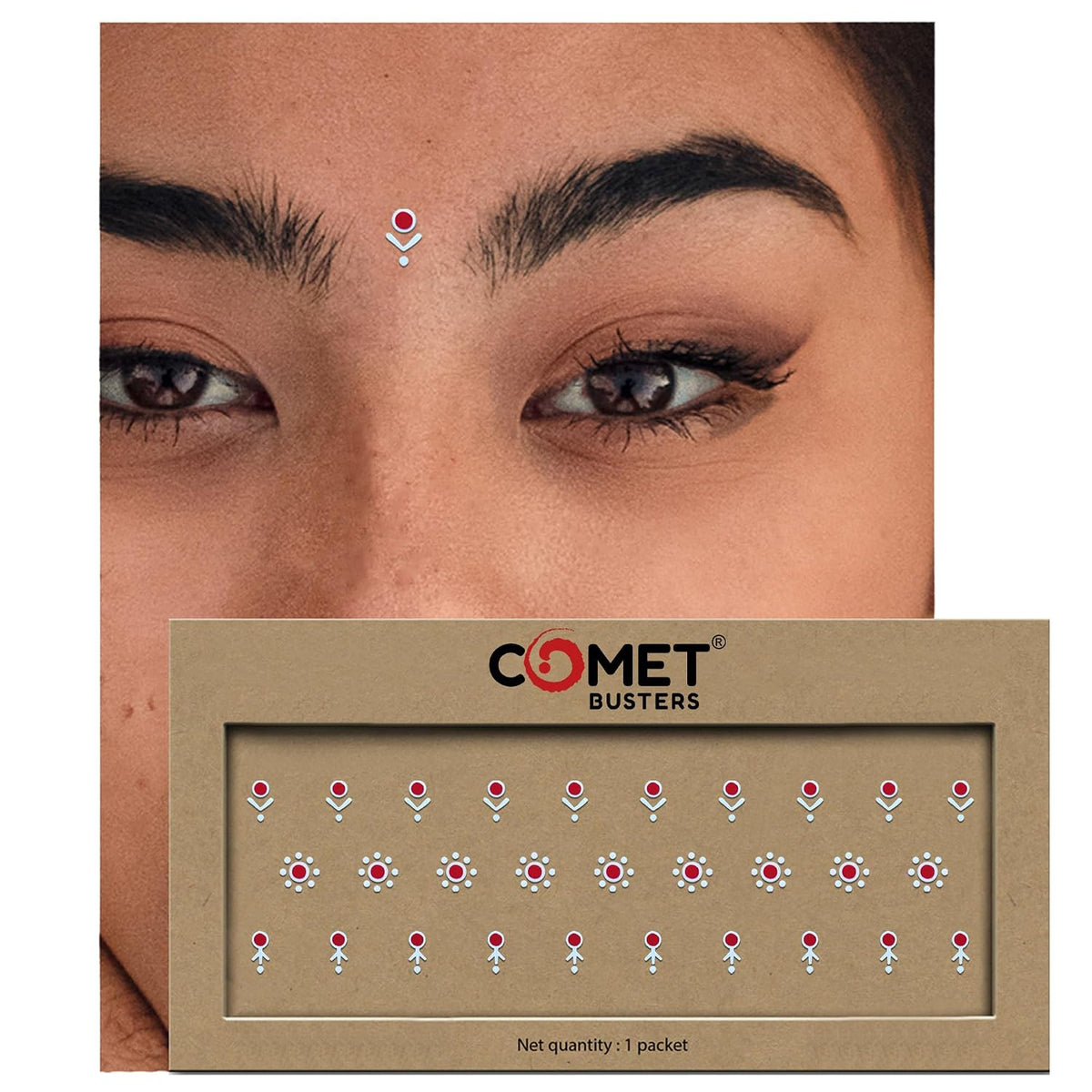 Comet Busters Red and White Designer Bindis Multisized 30 Bindis