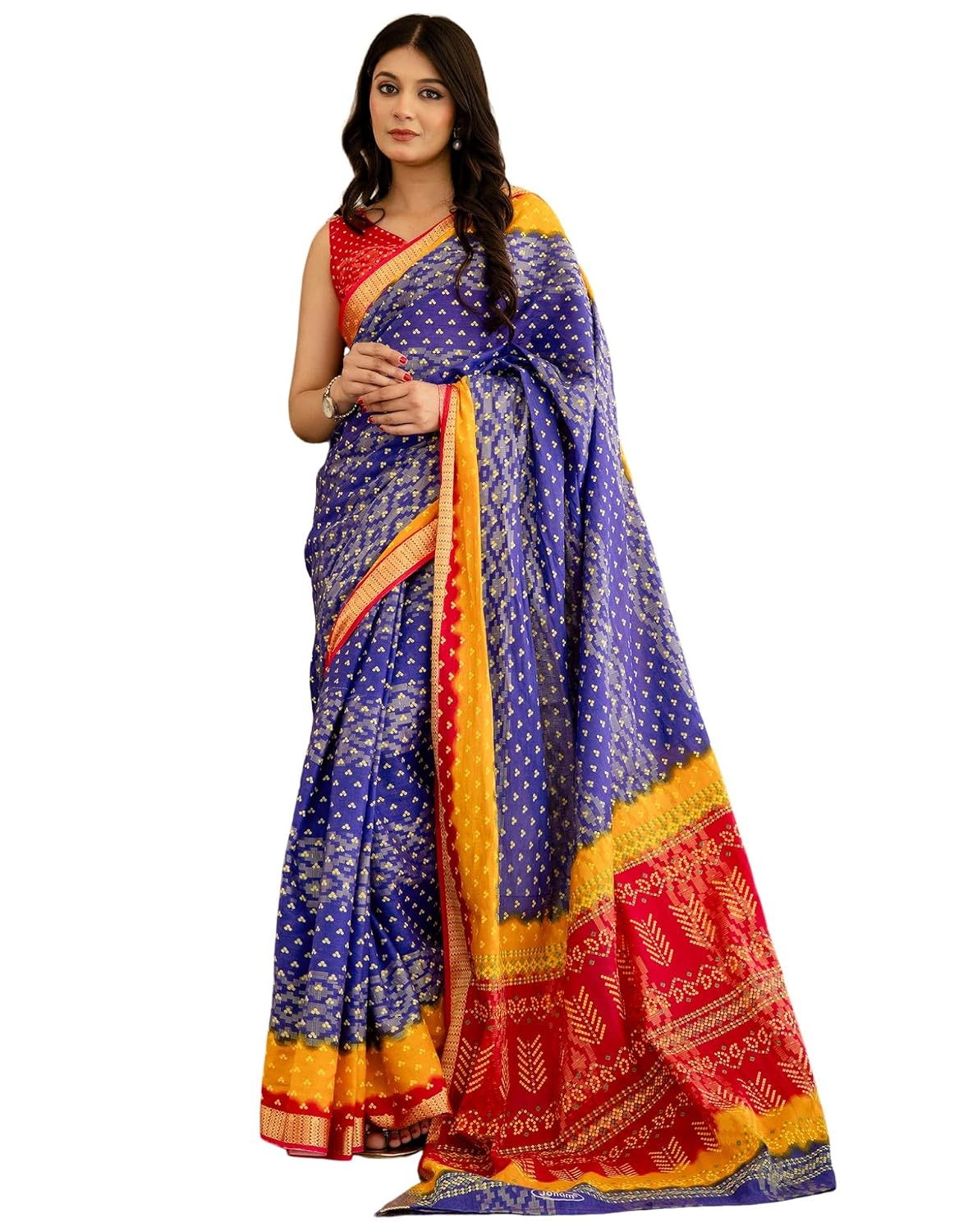 Vasthrlay Bandhani Printed Royal Blue Saree With Unstitched Blouse Piece