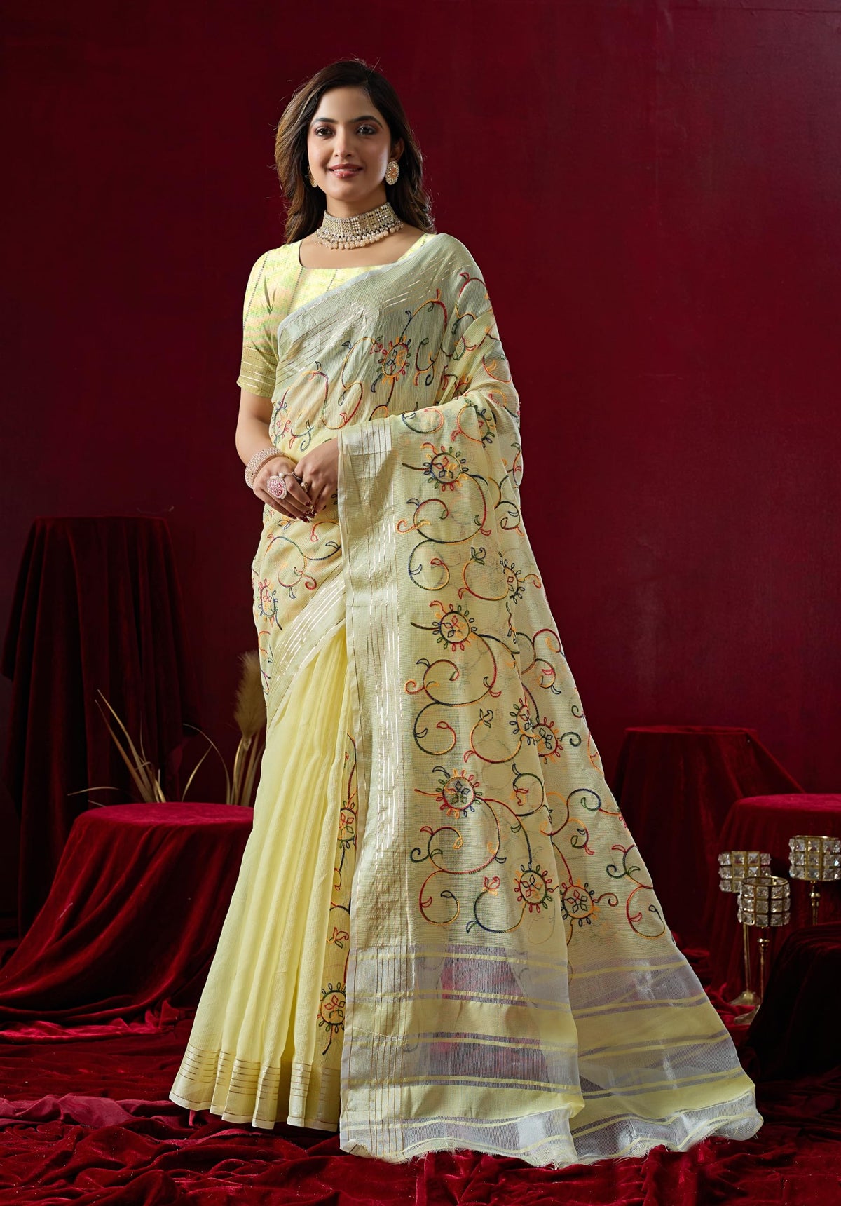 Vasthrlay Yellow Embroidery Saree with elegant ethnic styling