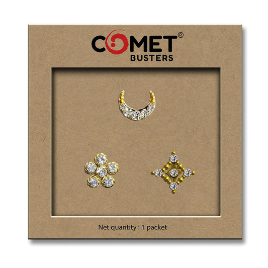Comet Busters Stick On Nose Bindis No Piercing Moon Flower and Diamond Set of 3