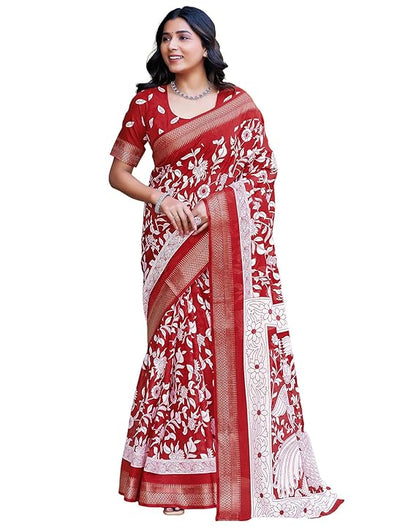 SIRIL Women's Printed Cotton Saree with Unstitched Blouse Piece