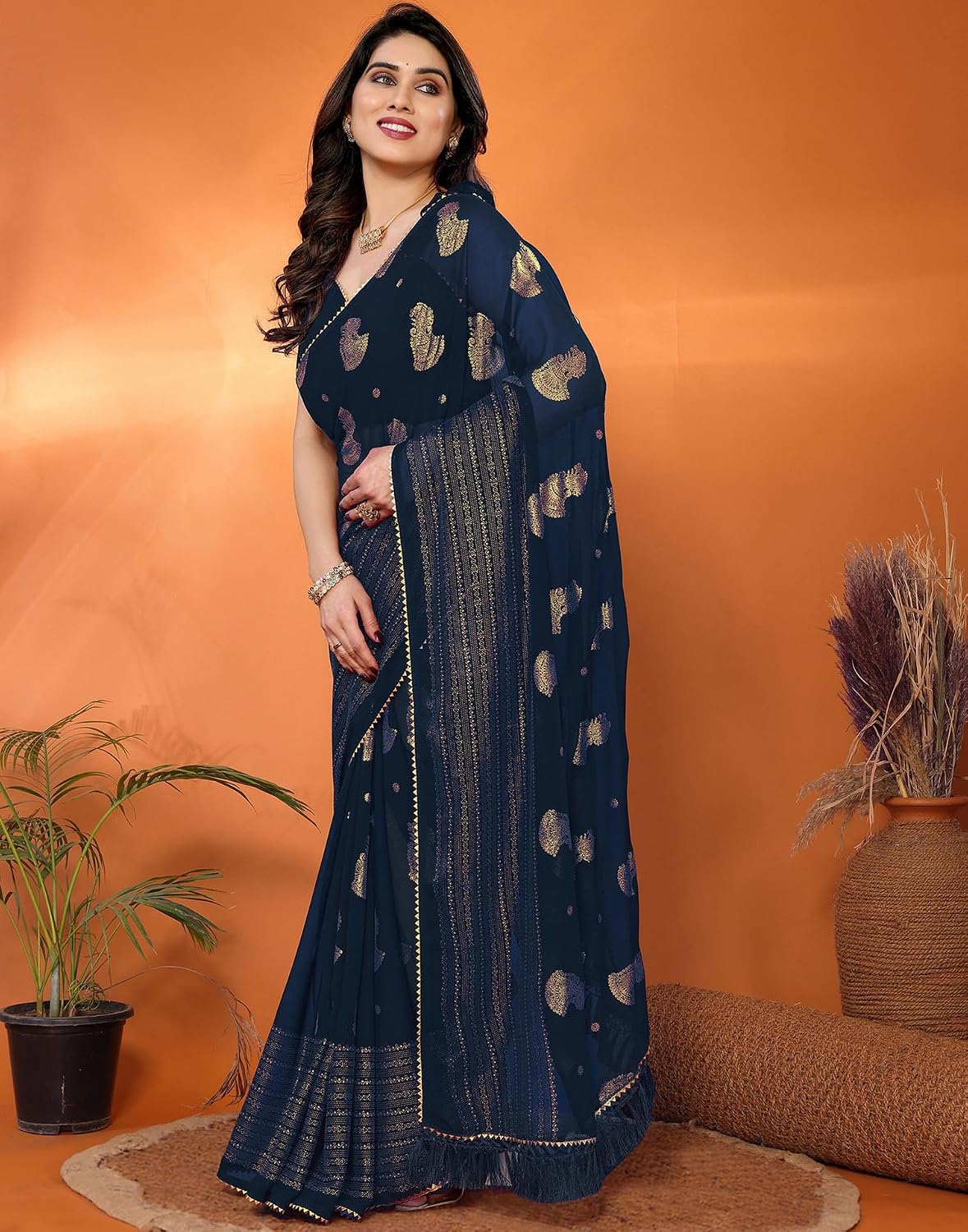 Vasthrlay Red saree with Weaving styling and Georgette look