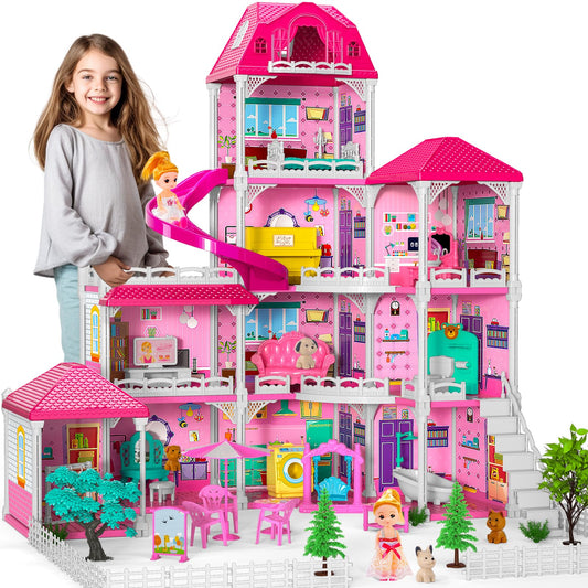 Doloowee Doll House for Girls 4 Stories 10 Rooms with 2 Dolls 4 Dogs and Slide