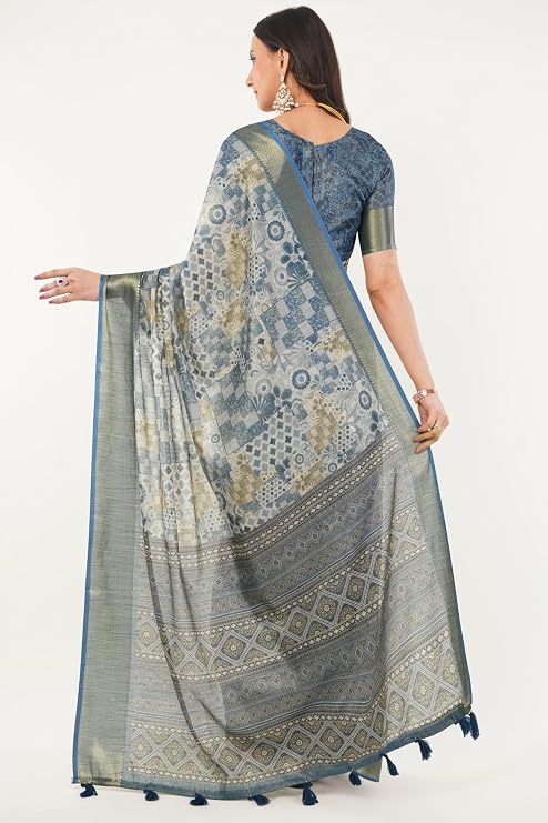 Vasthrlay Womens Slate Blue Patchwork Print Polyester Saree With Zari Border & Unstitched Blouse Piece