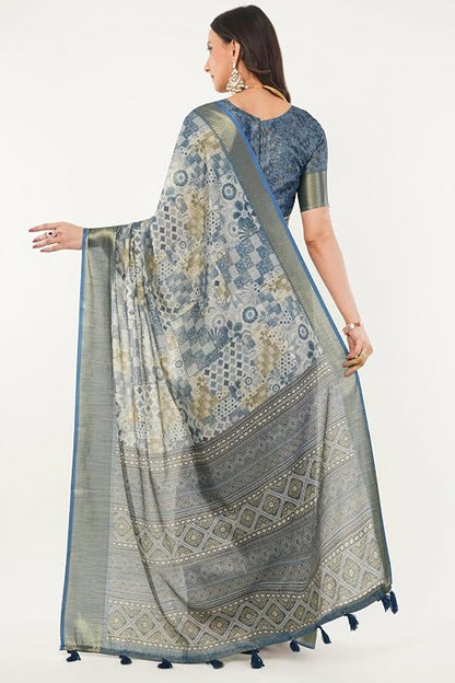 Vasthrlay Womens Slate Blue Patchwork Print Polyester Saree With Zari Border & Unstitched Blouse Piece