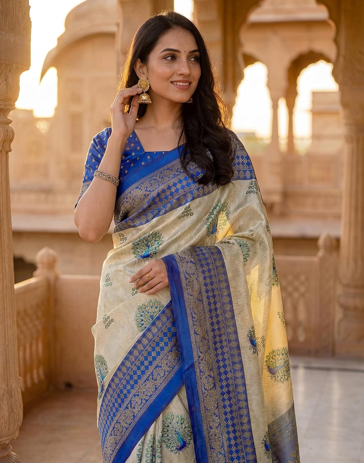 Vasthrlay Peach Printed saree for ceremony and occasion wear