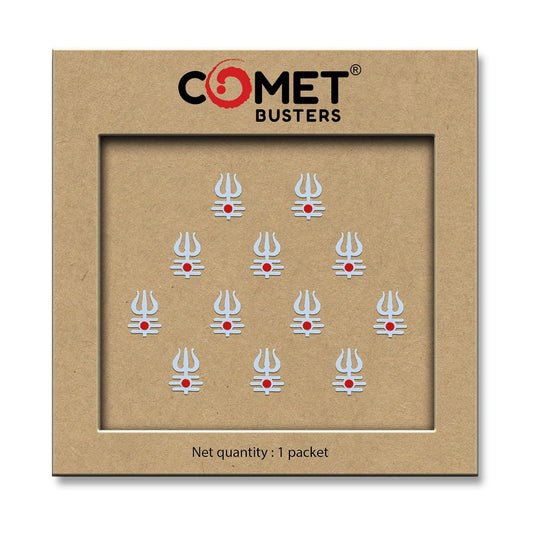 Comet Busters White Trishul Tripund Tilak Bindis with Red Dot 10 mm 12 Bindis