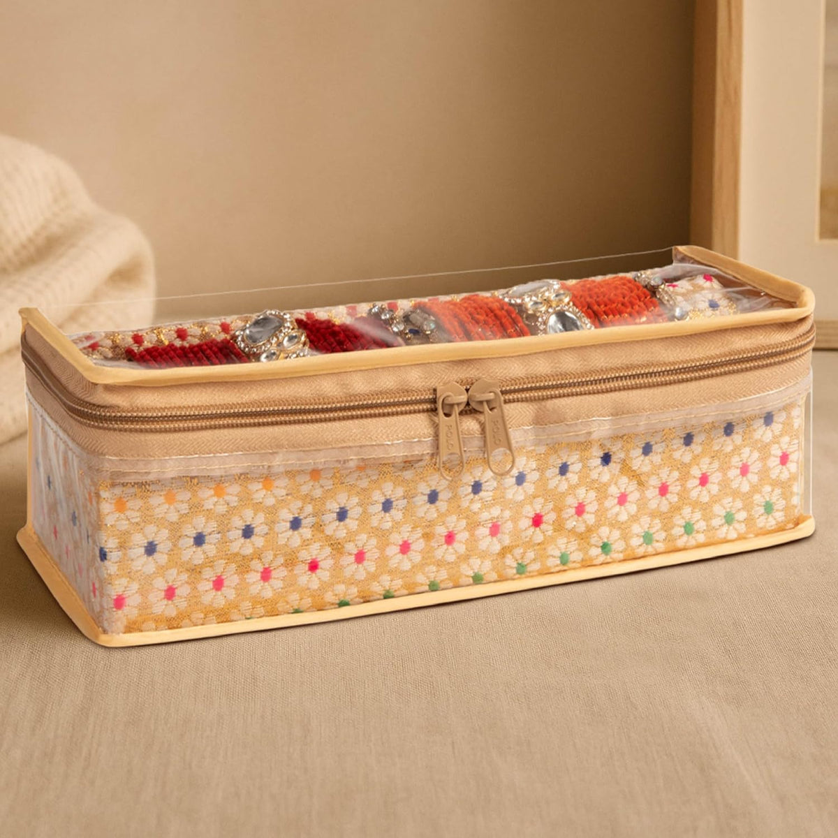 HomeStrap Brocade Single Rod Bangle Box with Transparent Top and Zip