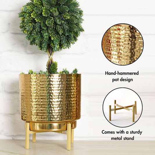 Behoma Hammered Metal Indoor Planter for Table Golden