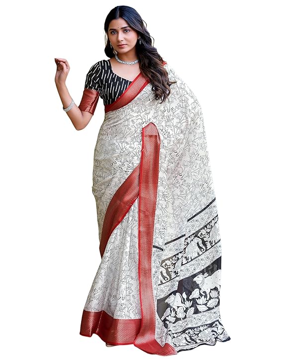 SIRIL Women's Printed Cotton Saree with Unstitched Blouse Piece