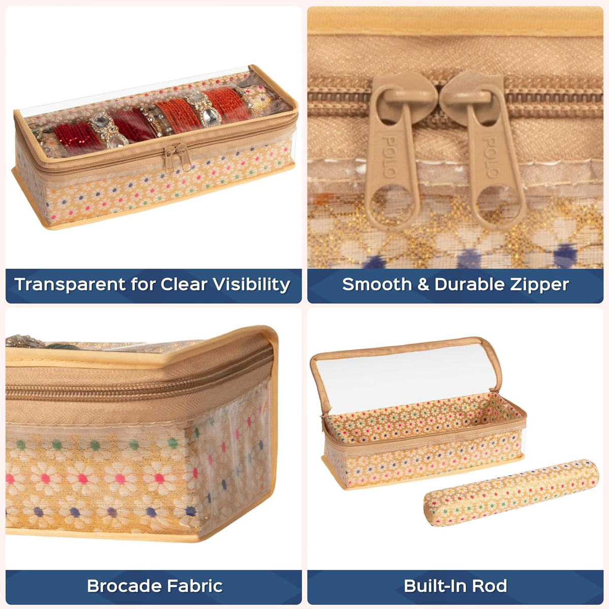 HomeStrap Brocade Single Rod Bangle Box with Transparent Top and Zip