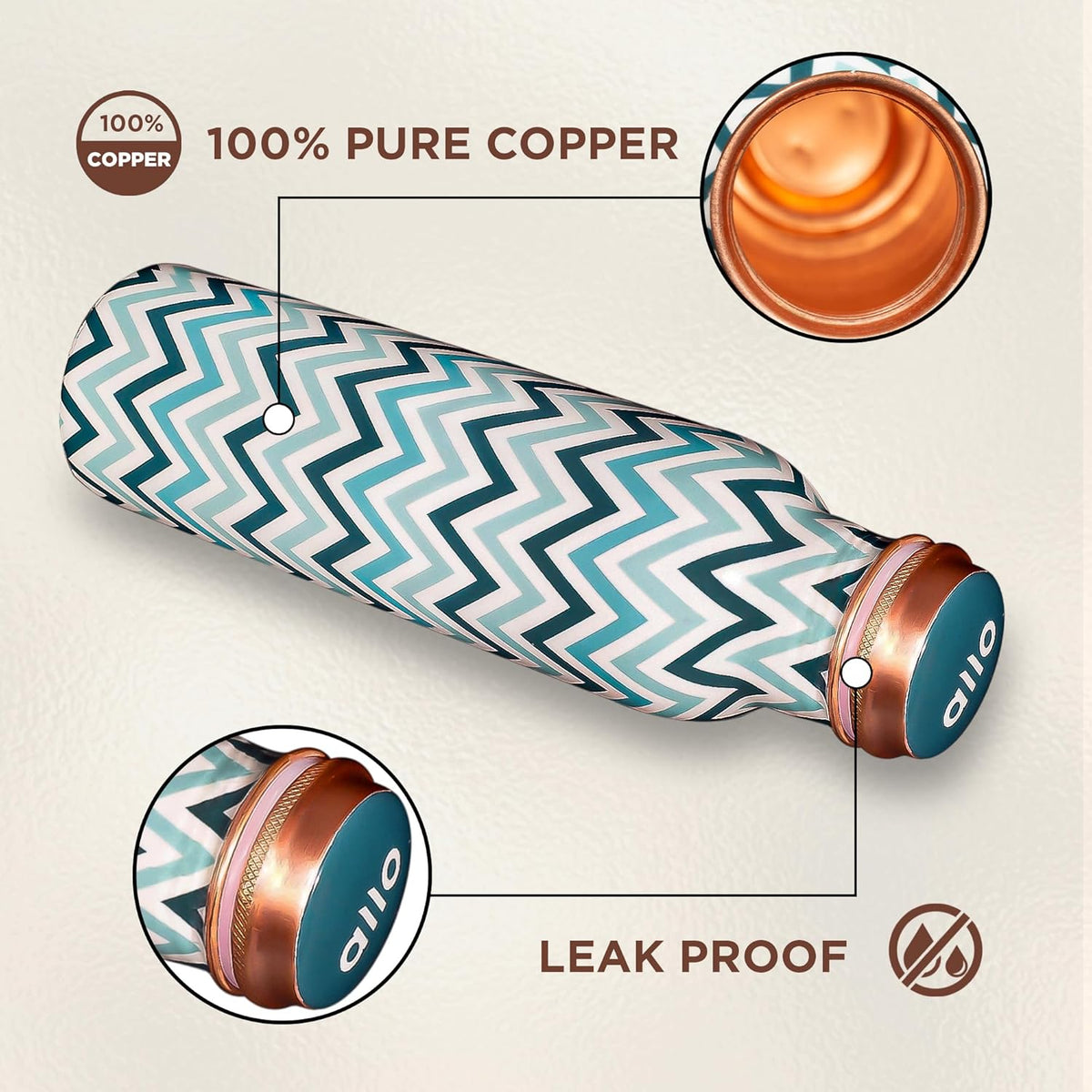 Pure Copper Water Bottle 1 Litre Chevron