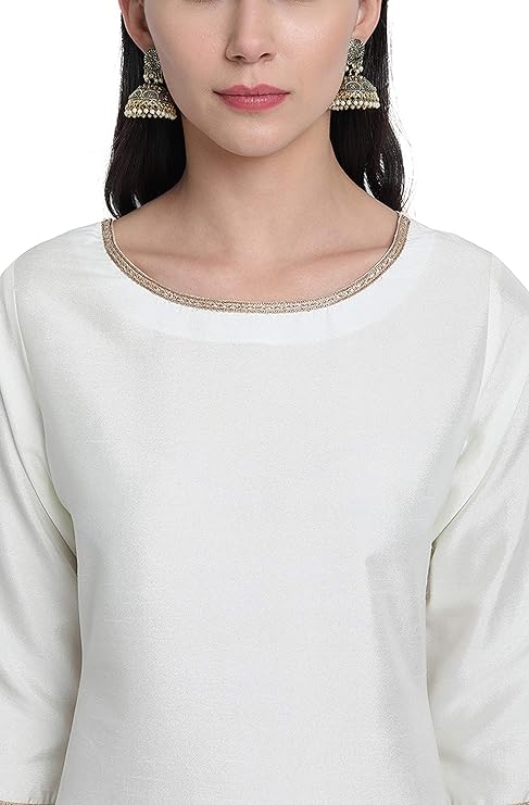 Vasthrlay Women's Off-White Poly Silk Solid Kurta with Pant and Dupatta - PUSHMYCART