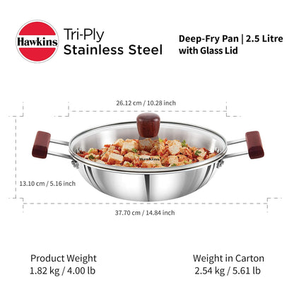 Hawkins 2.5 Litre Deep Fry Pan | Triply Stainless Steel Kadai