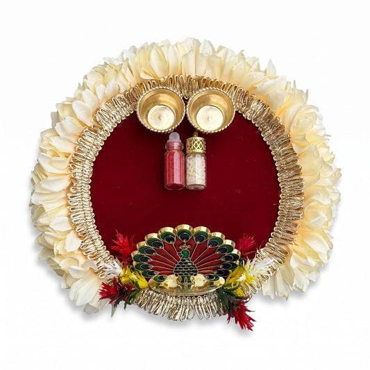 Jeevan Handicraft Aarti Thali Set White and Red 20 cm