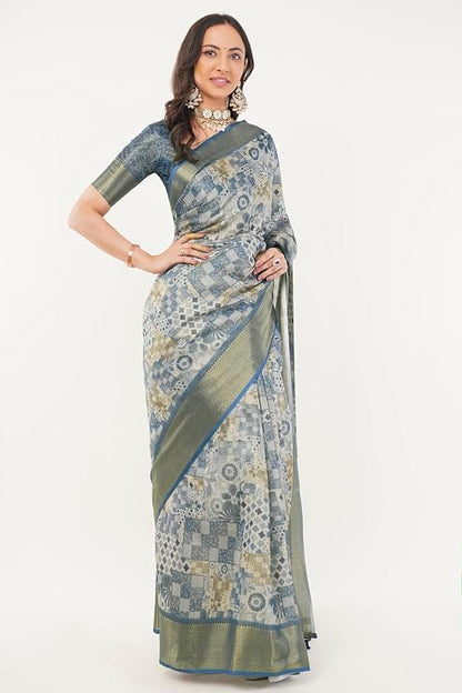 Vasthrlay Womens Slate Blue Patchwork Print Polyester Saree With Zari Border & Unstitched Blouse Piece